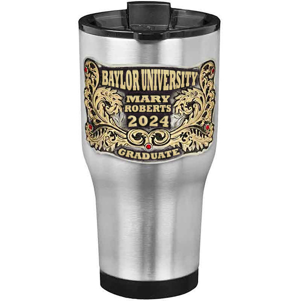 A customized tumbler made of stainless steel with a personalized engraved name and Baylor University lettering, 30 oz, ideal for coffee or cool drinks